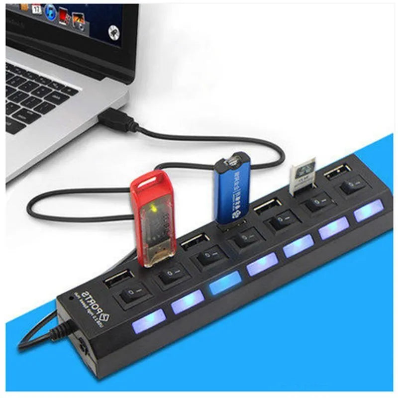 USB switch HUB for notebook computers showing 4-port and 7-port options in black and white