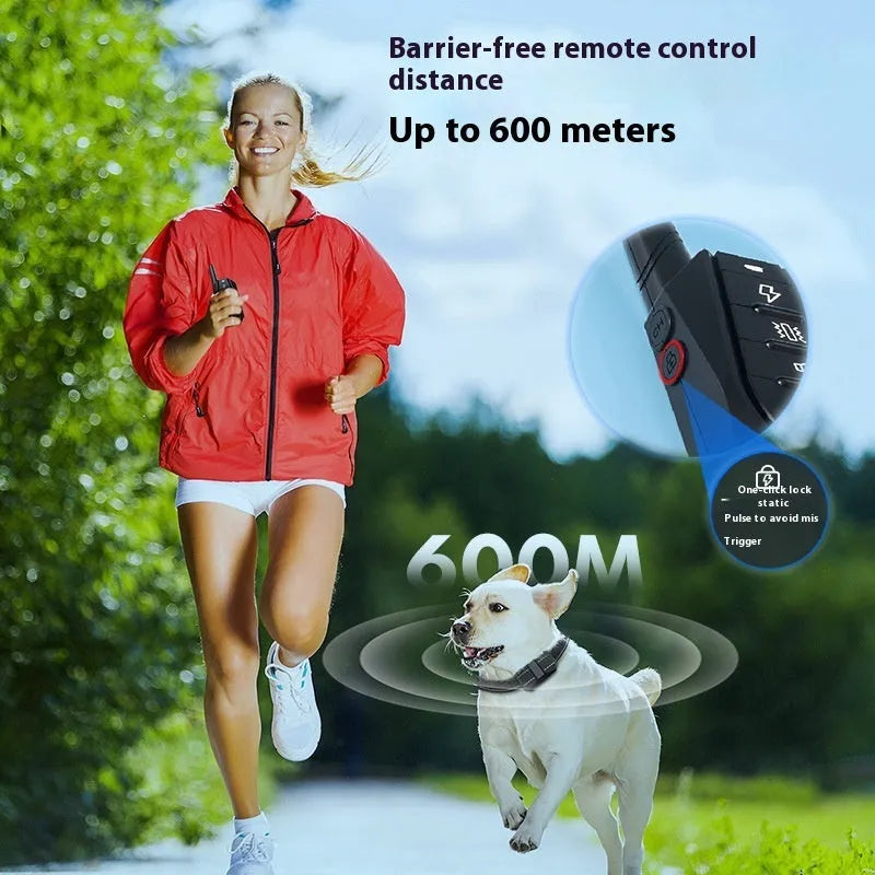 Black ABS smart dog trainer with reflective webbing and charging cable on table