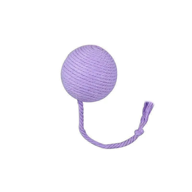 Colourful cat toy ball with rope attachment and built-in bell for interactive pet play