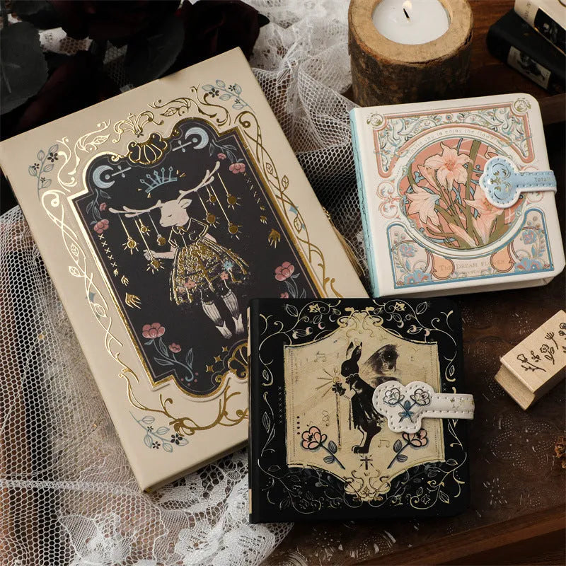 THALO A5 retro gothic style notebook showing cover design options on a wooden table.