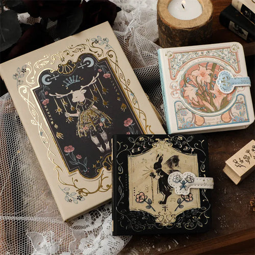 THALO A5 retro gothic style notebook showing cover design options on a wooden table.
