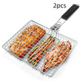 Folding handle BBQ clamp with square metal net for roasting chicken on outdoor grill