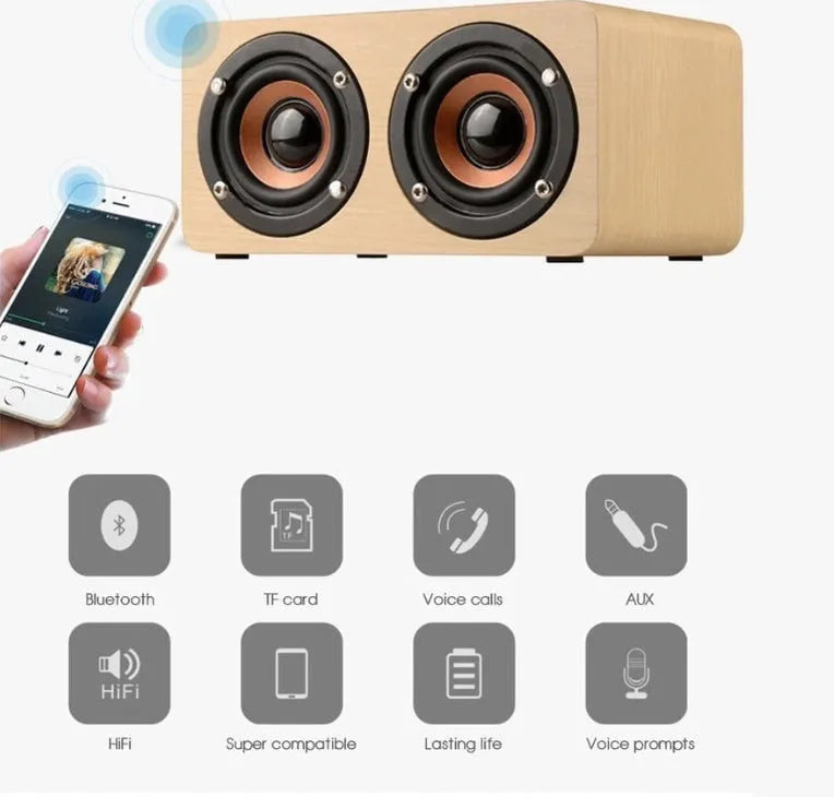 Wireless Bluetooth Speaker W5 with wood shell in redwood or yellow wood grain, USB and card playback, 6 hour battery