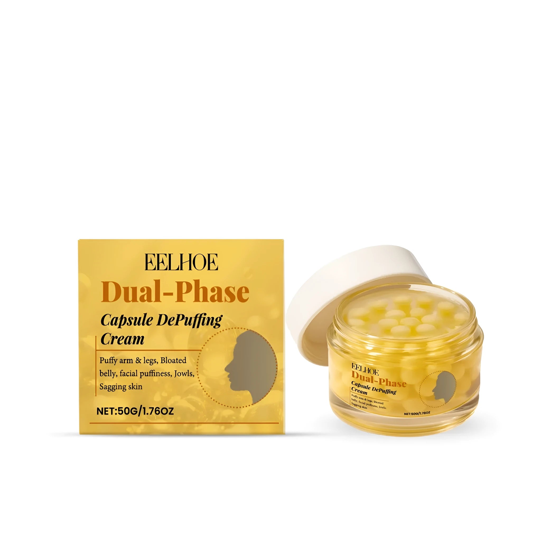 50g jar of dual-phase depuffing eye cream with firming capsules for targeted treatment