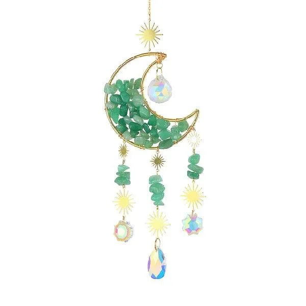 K9 crystal moon-shaped car pendant hanging, showing reflective surface in a choice of colours.