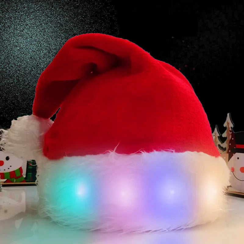 Red and white plush Santa hat with LED twinkling lights around brim and pom-pom