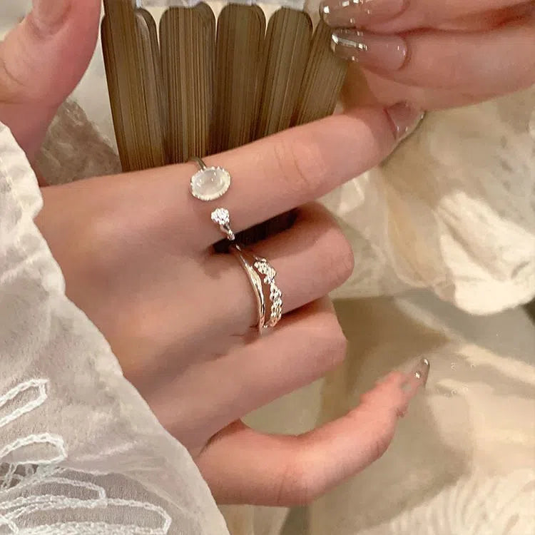 Moonstone texture ring for women, two-piece set, oval geometric shape, alloy plating, live edge style