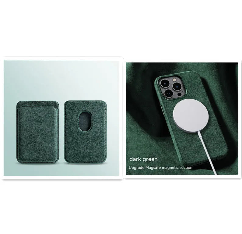 Dark green suede phone case with embossed texture and magnetic back for iPhone