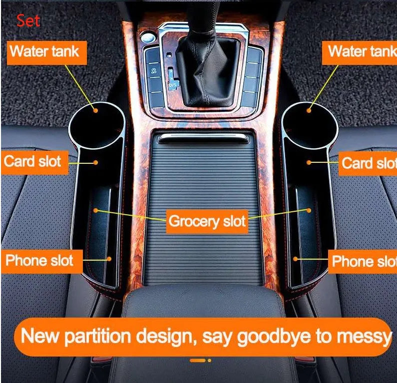 PU leather car seat gap storage box in black holding a smartphone and wallet between the console and seat