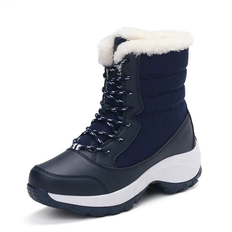 Women's high-top snow boots with synthetic leather upper, cross strap detail, and round toe, available in black