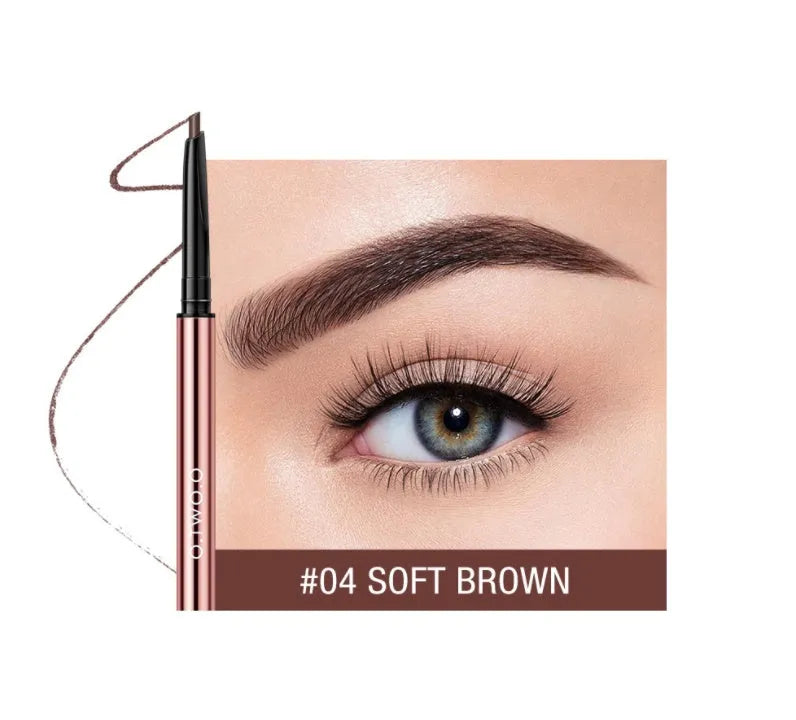 Eyebrow make-up pencil in colour box with six shade options including auburn and taupe.