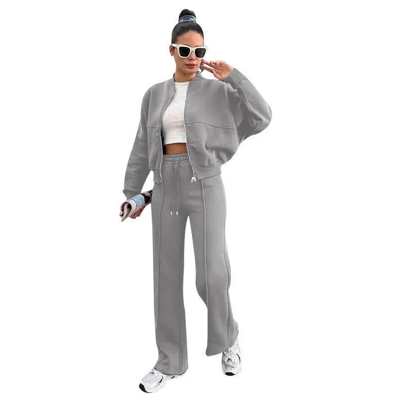 Women's fleece zipper cardigan and straight pants casual suit, seven colours, Japanese Korean style