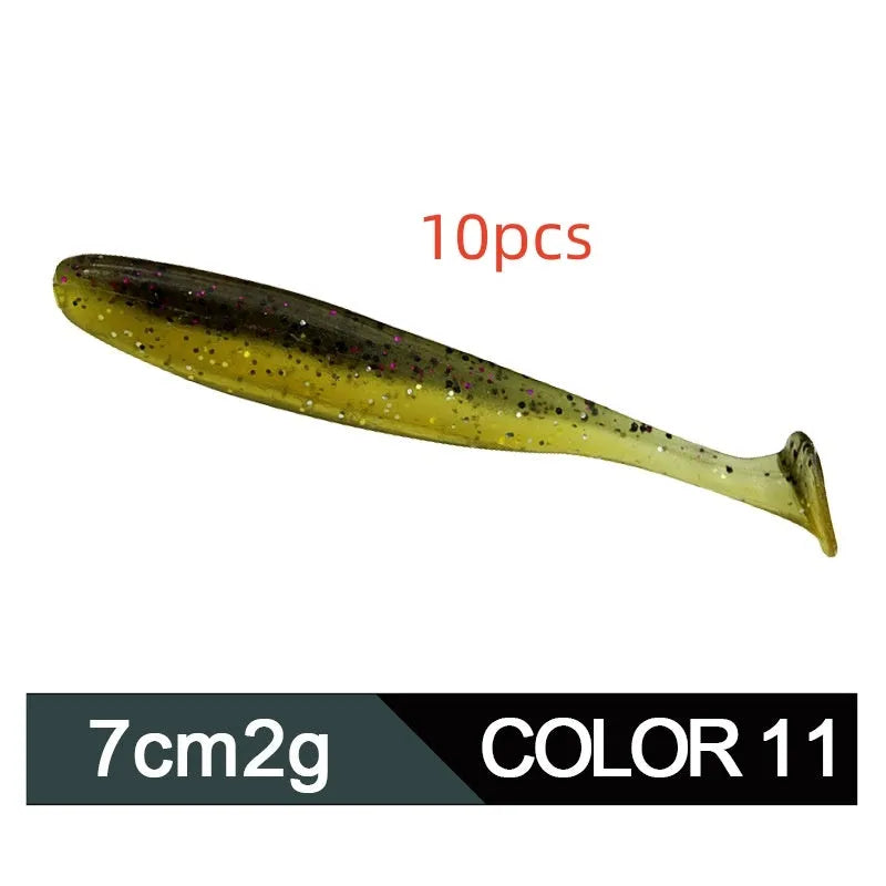 Two-tone soft plastic T-tail fishing lure measuring 7cm, shown in multiple colour variations.