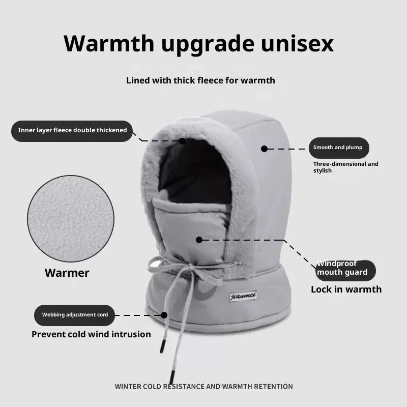 Cold-proof ushanka cap with integrated mask in black artificial leather, dome crown style for winter wind protection