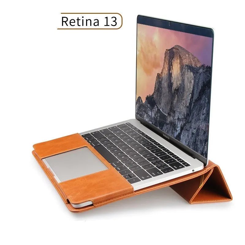 Imitation leather laptop sleeve for 13.3-inch MacBook Pro in brown, shown on a desk