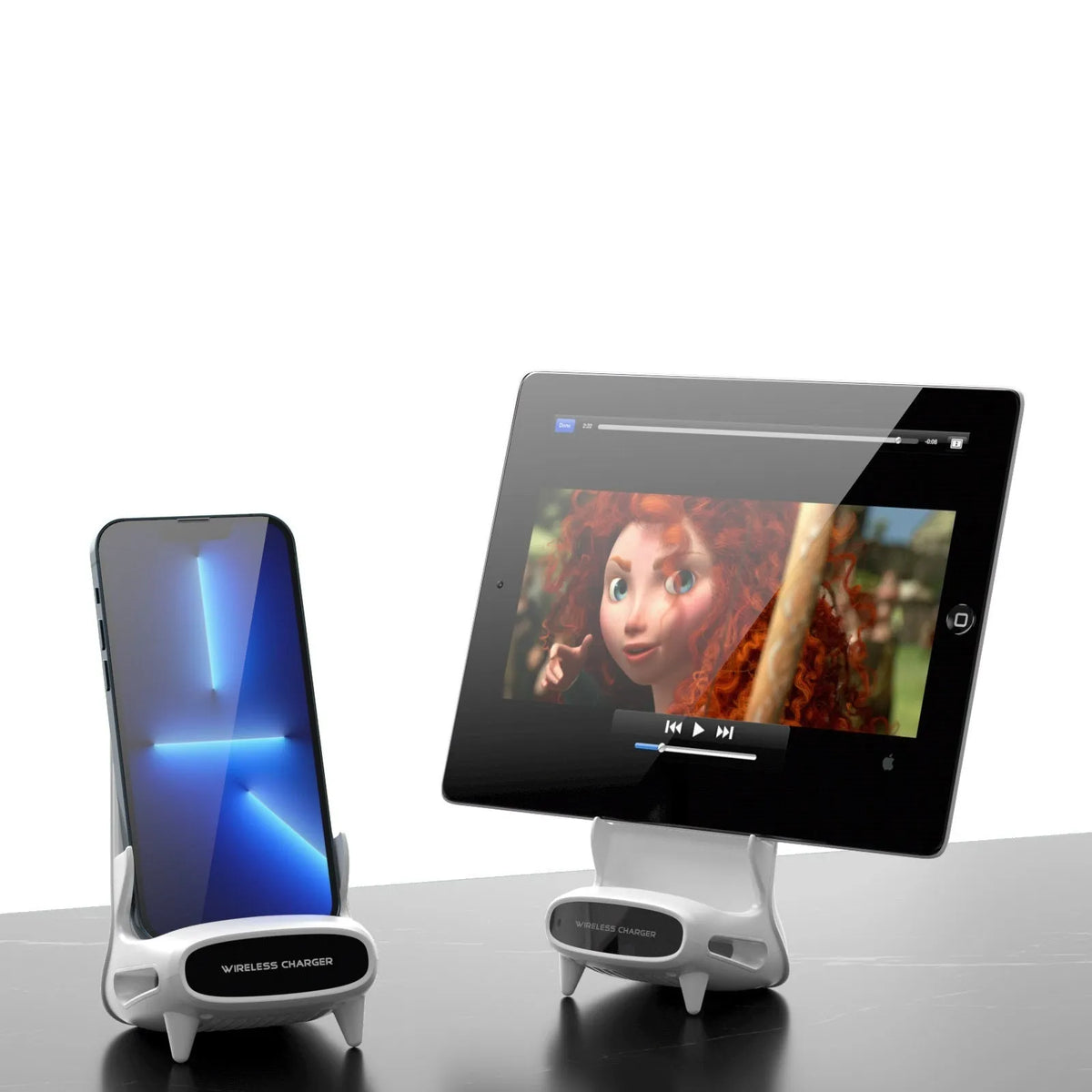 White 15W vertical wireless fast charging stand for mobile phone and tablet with Type-C input