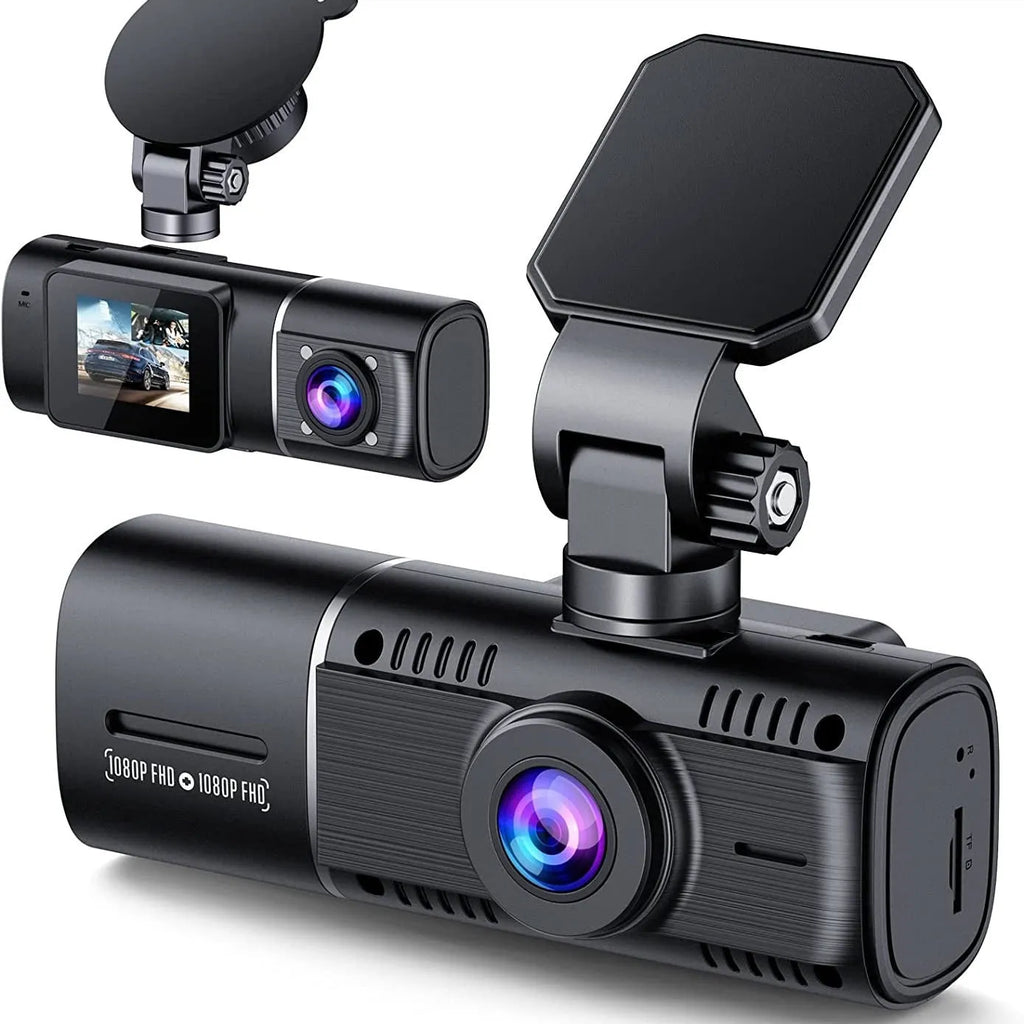 Black dual-lens car dash cam with 1.5-inch screen, mount, and car charger on a dashboard.