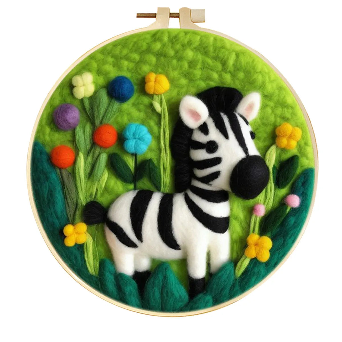 Round linen embroidery frame with wool felt floral decoration kit for three-dimensional wall art