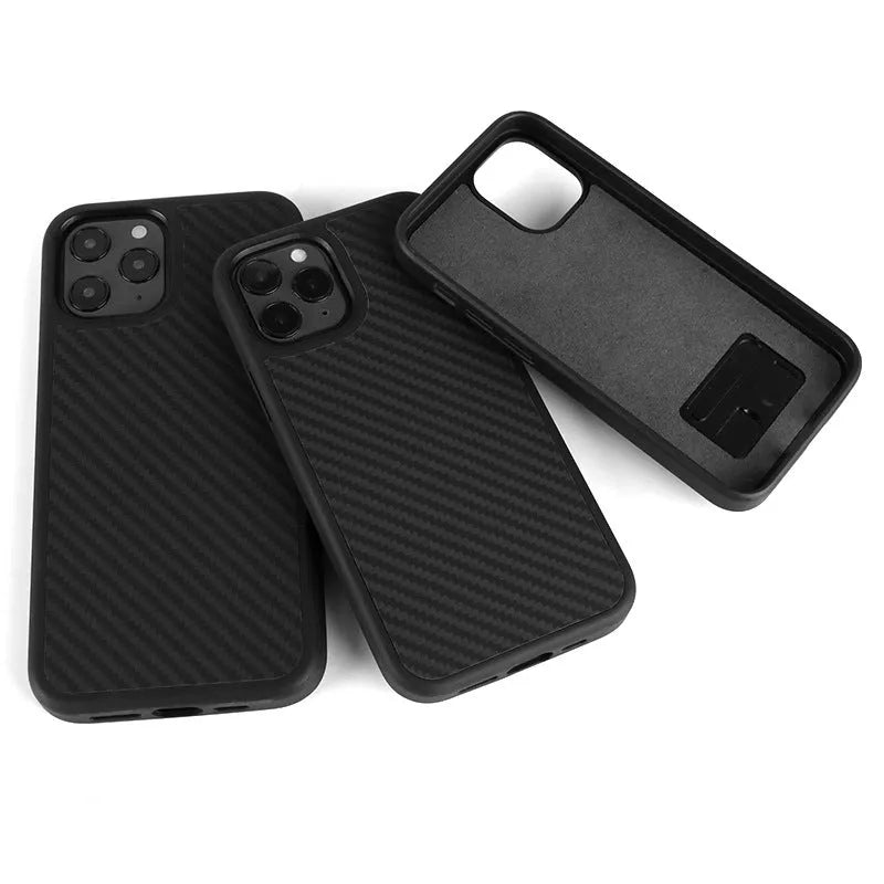 Black wooden phone case for iPhone with TPU and Kethlar construction showing back cover design