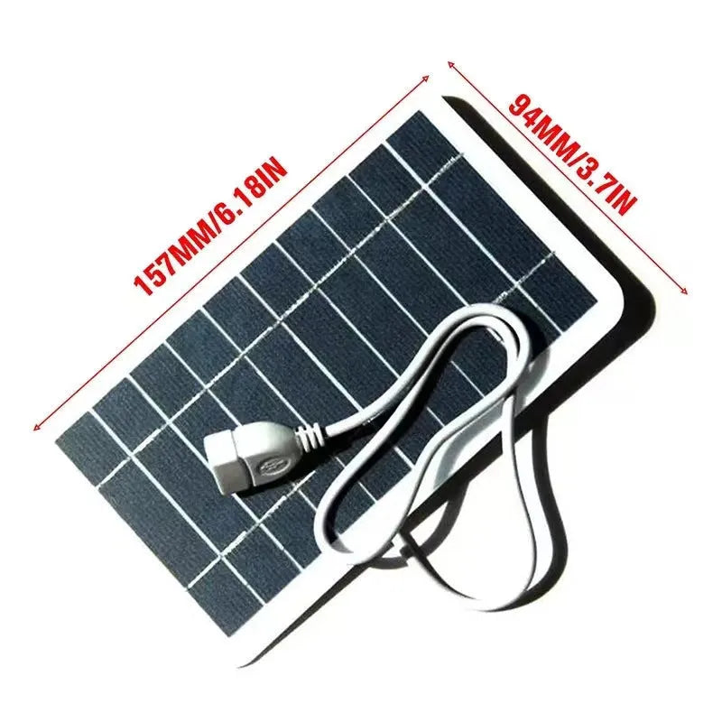 2W 5V solar panel charger with USB port and 50cm cable on white background