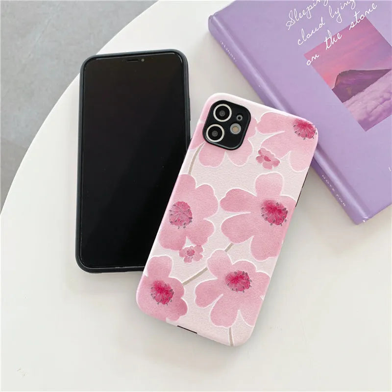Pink floral soft rubber phone case with lanyard hole for Apple iPhone