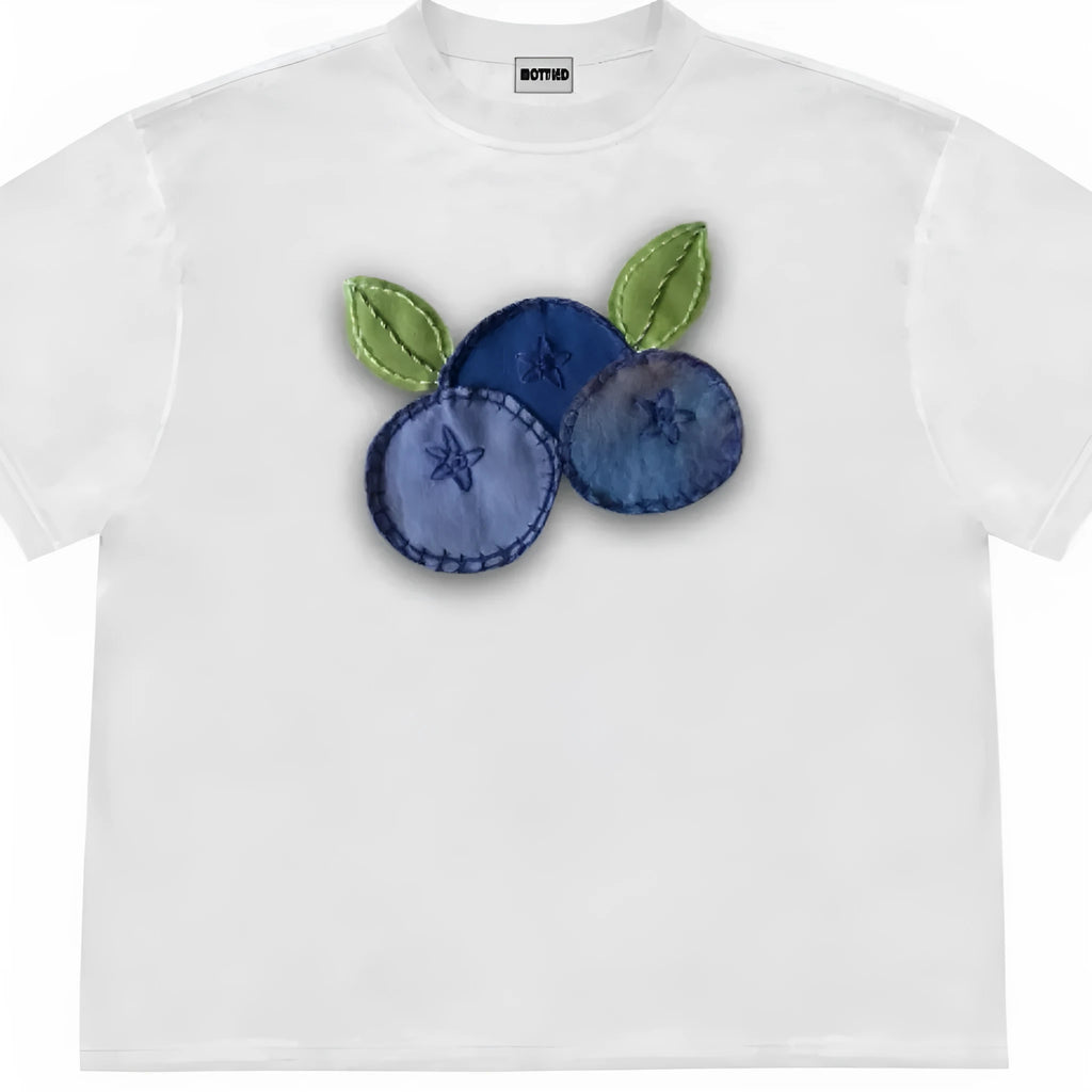 Loose fit short sleeve t-shirt with patchwork fruit print design in ice oxygen cotton