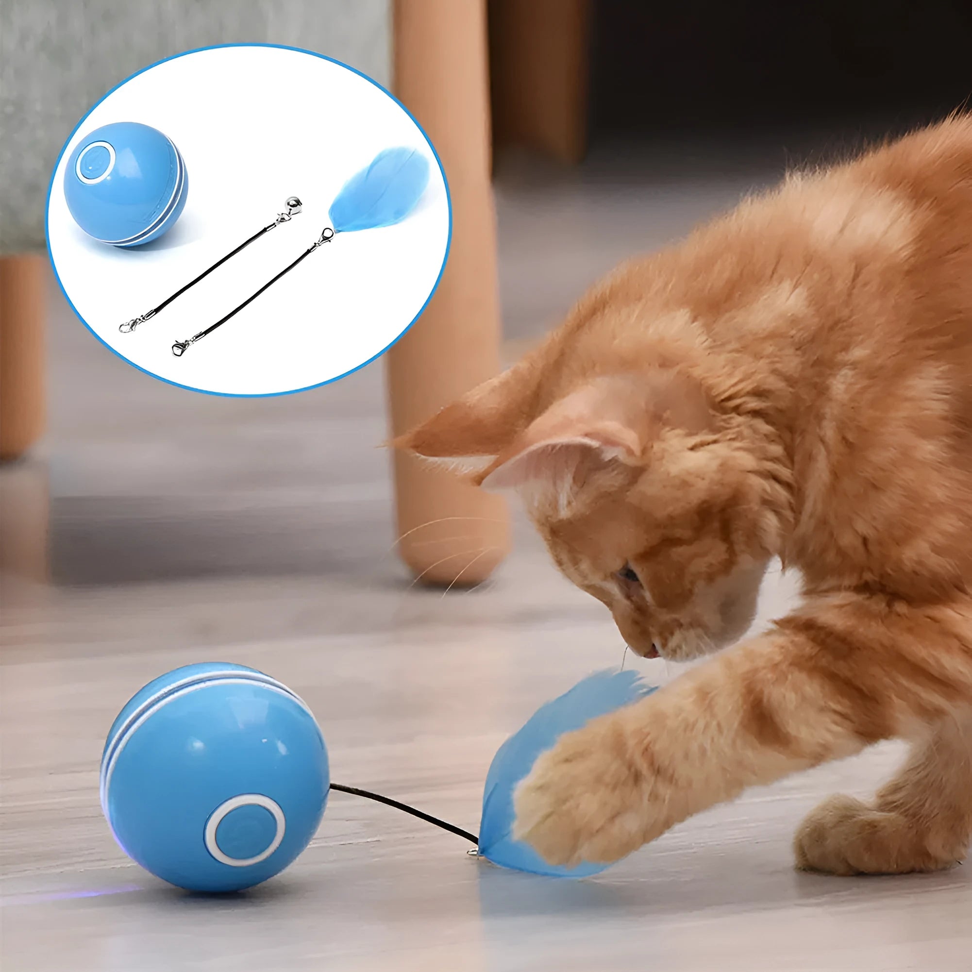 Colorful LED laser funny cat ball, USB rechargeable, 6.4cm diameter ABS plastic, with feather and bell