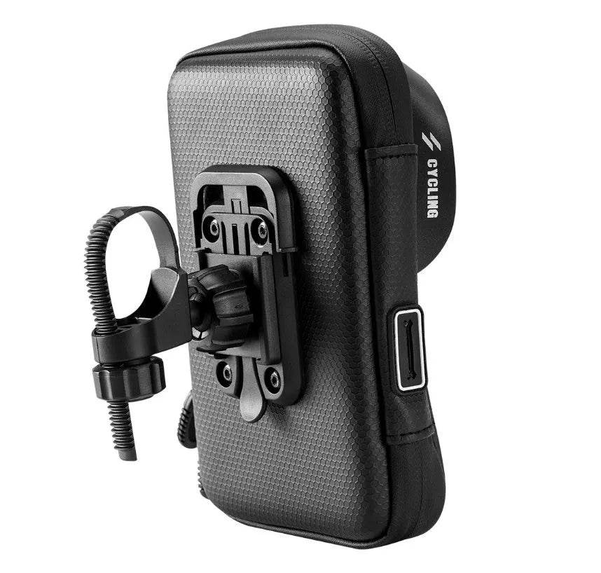 Black waterproof bicycle handlebar bag with transparent touch screen window on bike handlebars