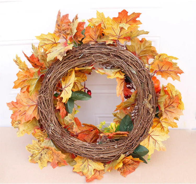 Autumn pumpkin wreath with fabric leaves simulation pumpkins berries pine cones on natural vine ring 50cm diameter