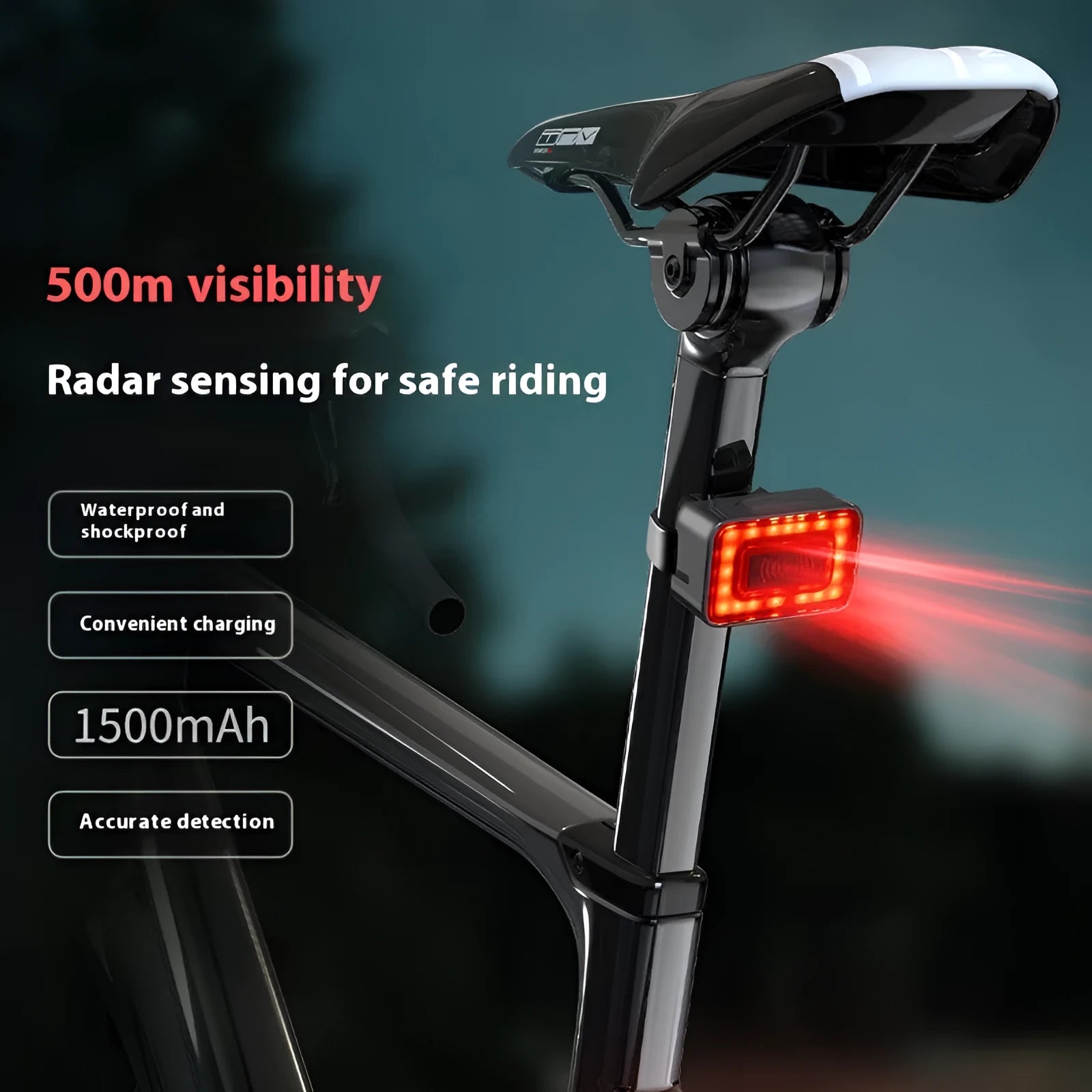 Smart bicycle rear safety light with radar detection mounted on a bike seat post, showing compact black housing.