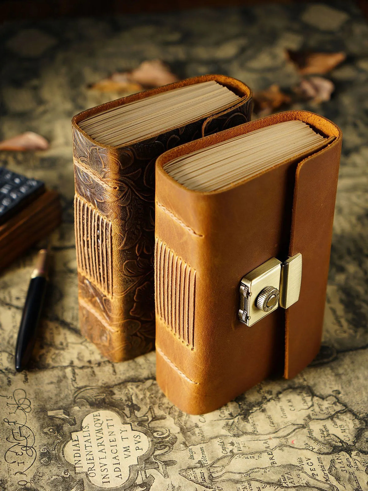 Vintage cowhide leather notebook journal with blank brown paper and retro password book cover in Carved brown or Crazy Horse brown, A5 A6 A7