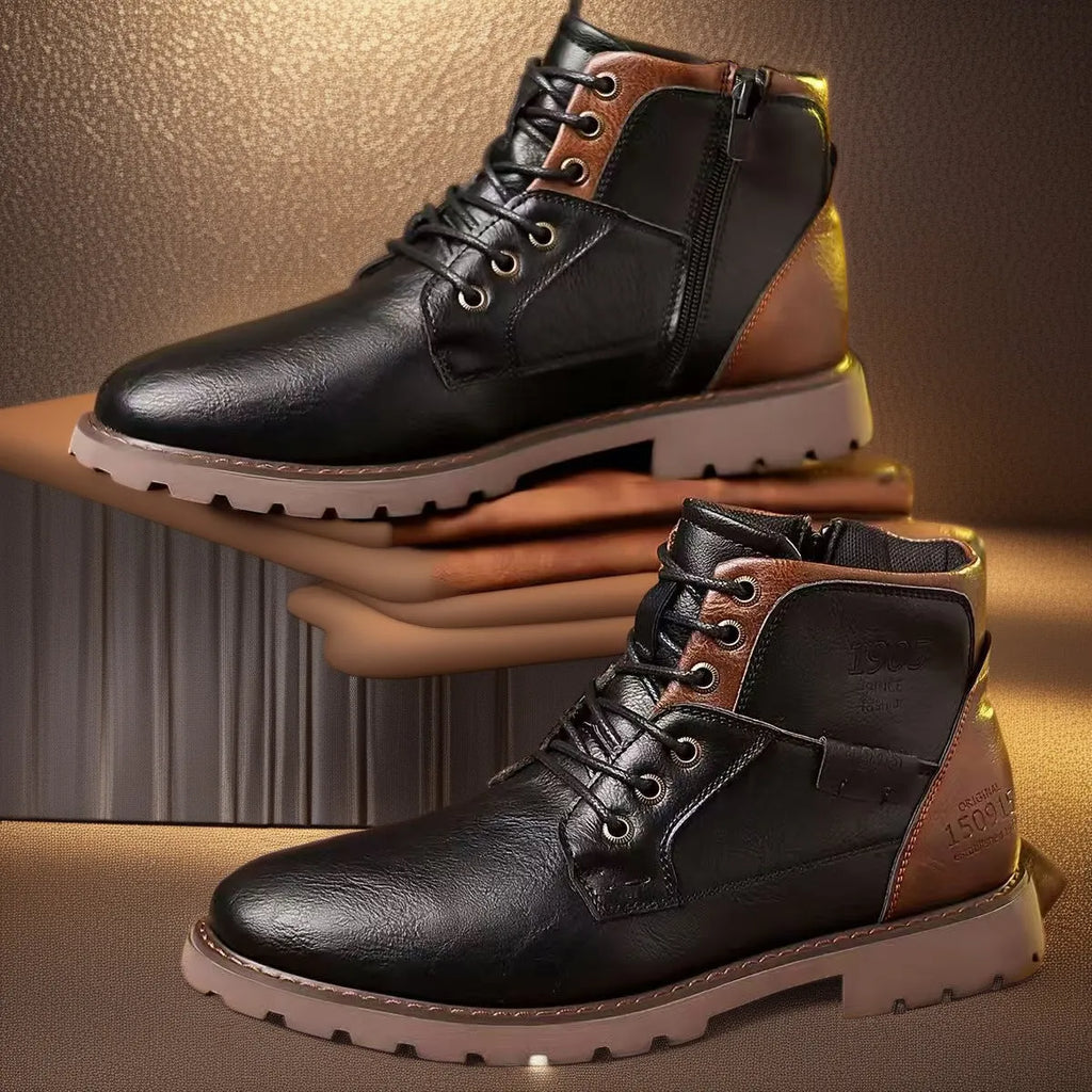 Men's brown casual ankle boot with a side zip and round toe on a rubber sole.
