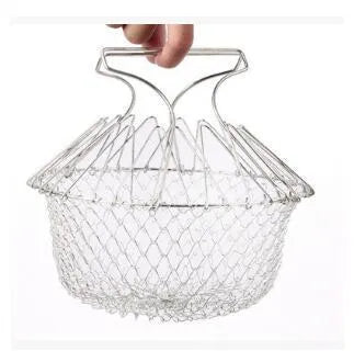 23cm square stainless steel foldable deep fry basket with mirror finish