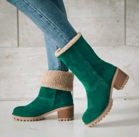 Women's mid-calf suede snow boots with a low flat heel and round toe in various colours.