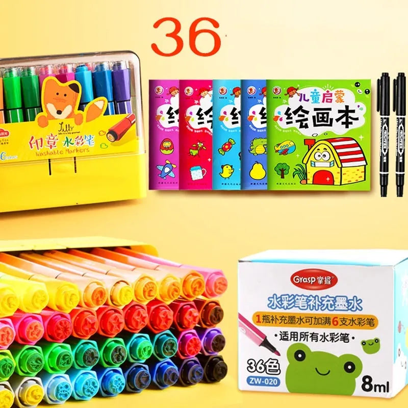 Children's washable painting brushes with hexagonal handles in blue, pink and yellow colours
