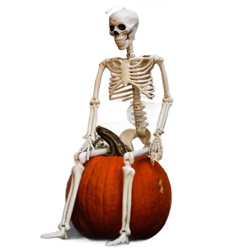 90cm tall movable joint plastic skeleton Halloween decoration prop posed outdoors.