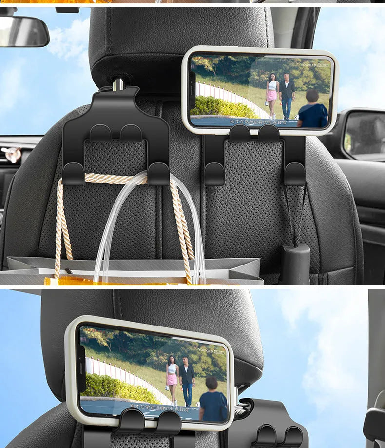 Car mounted multifunction hook made from white ABS material shown installed in vehicle