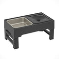 Adjustable height black dog feeding stand with two stainless steel bowls on non-slip base