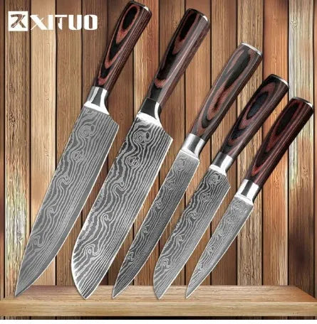 Carpenter's Special kitchen knife with laser Damascus pattern blade and coloured wood handle