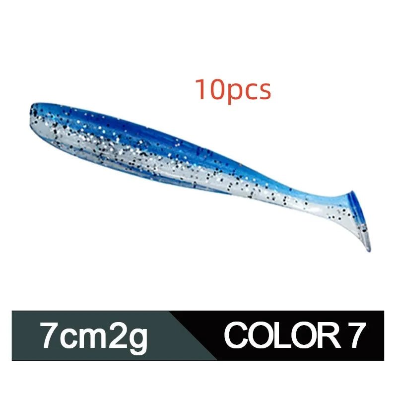 Two-tone soft plastic T-tail fishing lure measuring 7cm, shown in multiple colour variations.