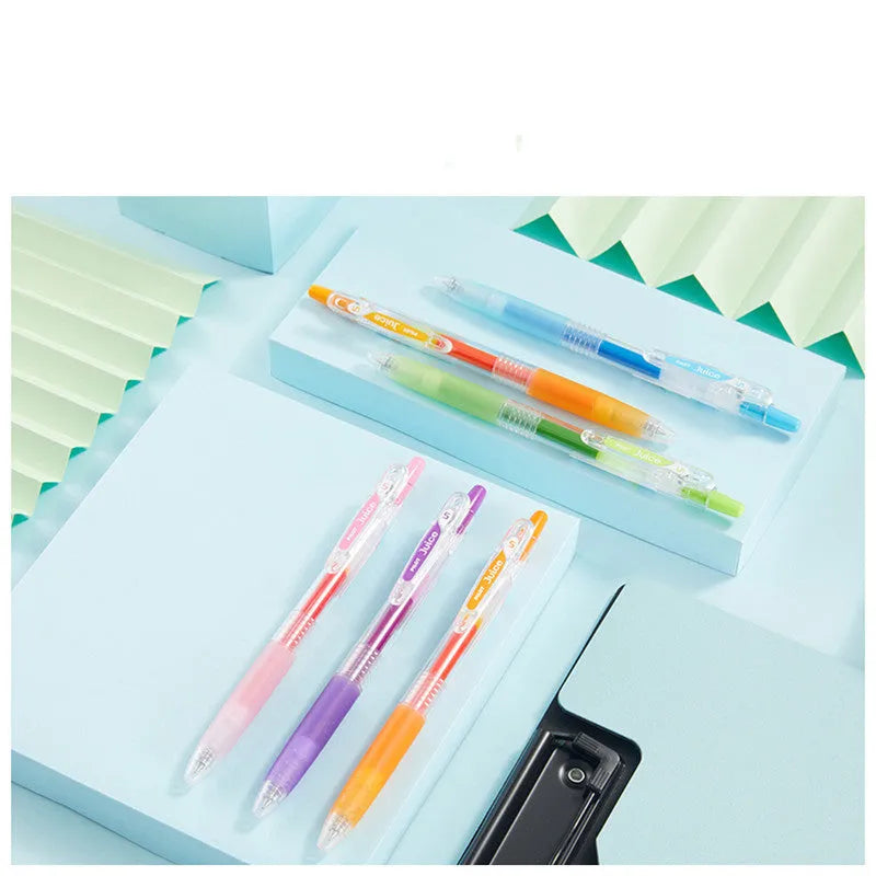 Baiguole brand gel pen with 0.5mm tip shown in metallic gold, classic blue, and soft pastel pink colour options
