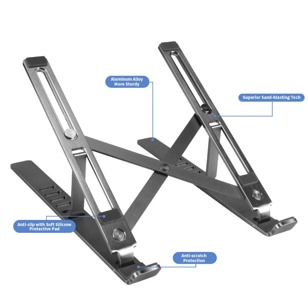 Silver aluminium laptop stand folded flat showing magnetic catch and adjustment gears