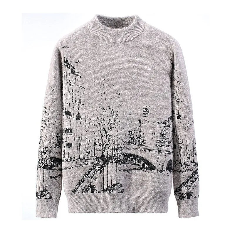 Autumn winter thick mink velvet round neck long sleeve pullover sweater in gray with slim fit and printed details for women