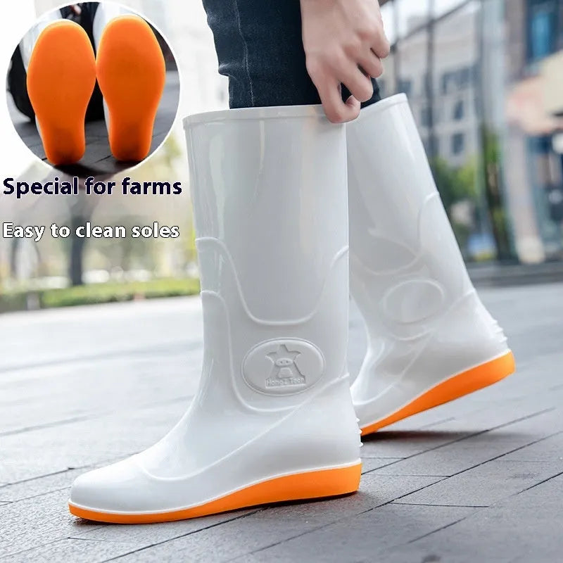 Men's white plastic rain boots with high tube design and flat heel for waterproof labour protection