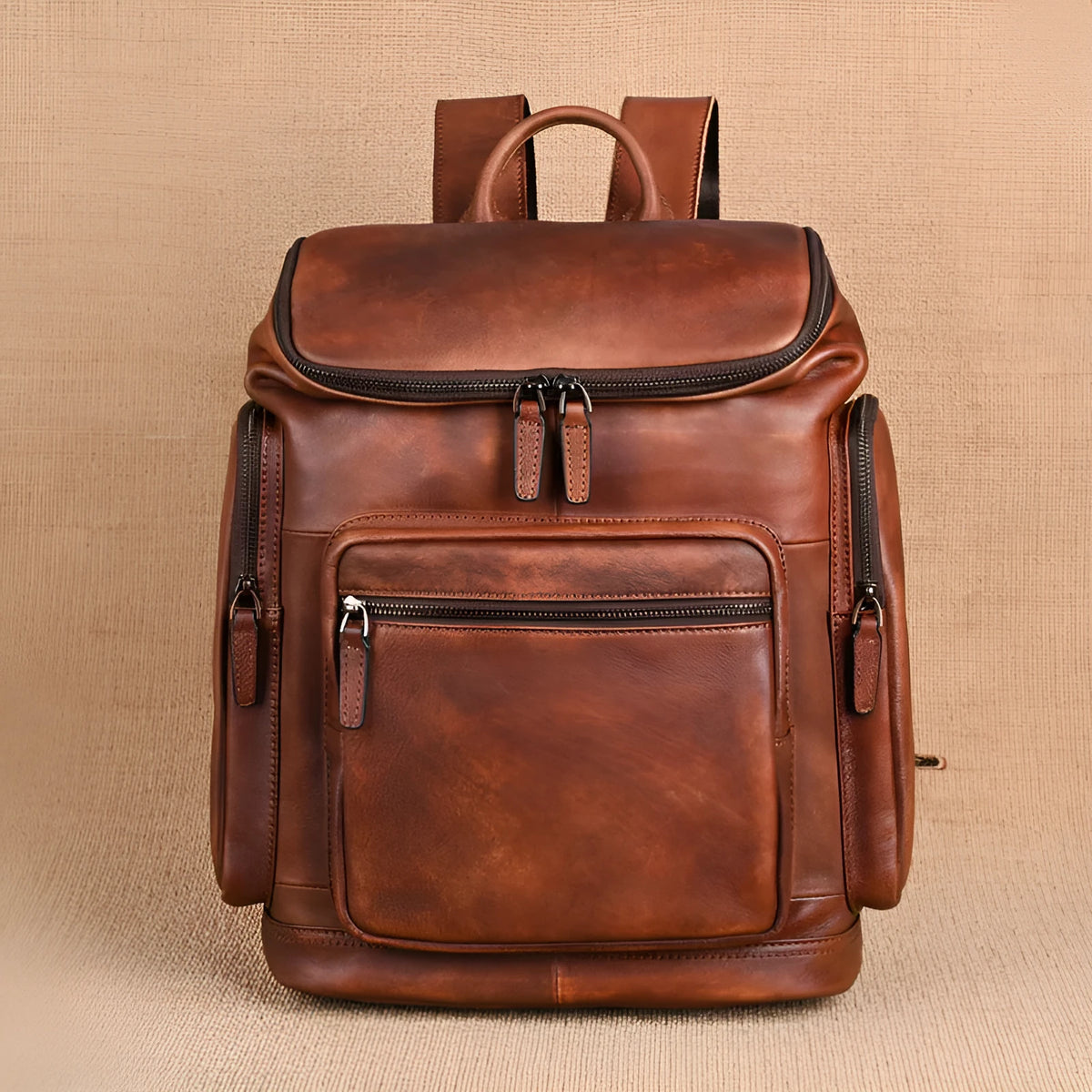 Genuine retro double-layer cowhide backpack for men, 14 inch light brown leather travel backpack with patchwork