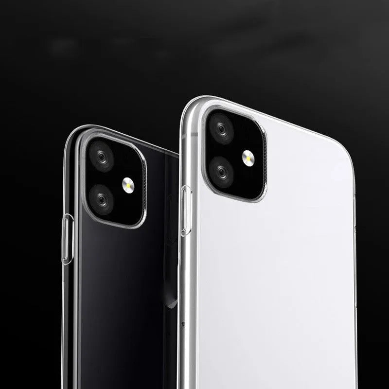 Transparent TPU mobile phone case showing iPhone compatibility from model 5 to 11 Pro Max