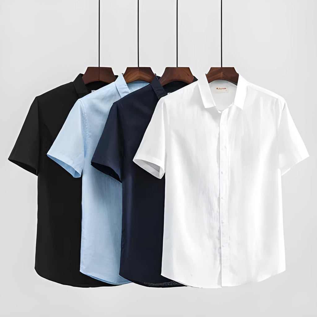 Men's loose fit short sleeve casual shirt in cotton blend fabric with a square collar.