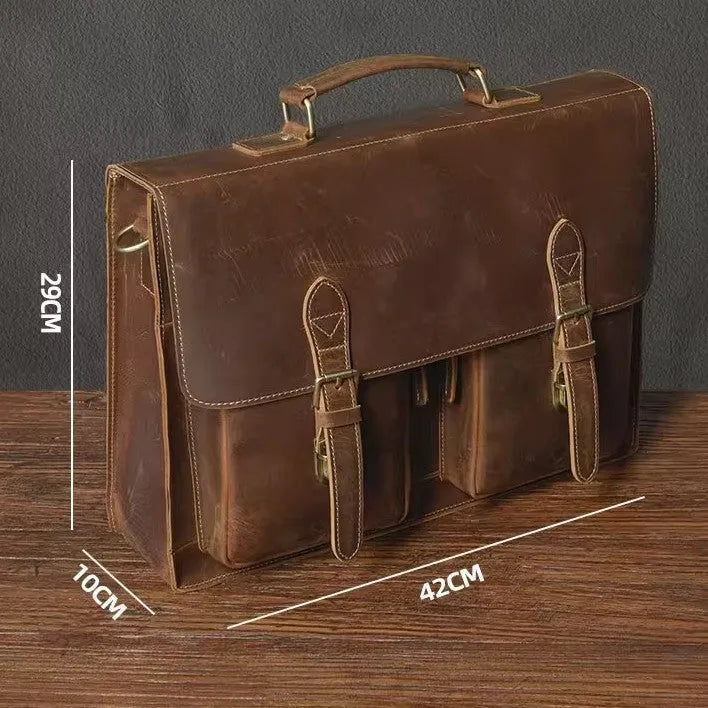 Genuine cowhide leather computer bag with crossbody strap in dark brown colour for business use
