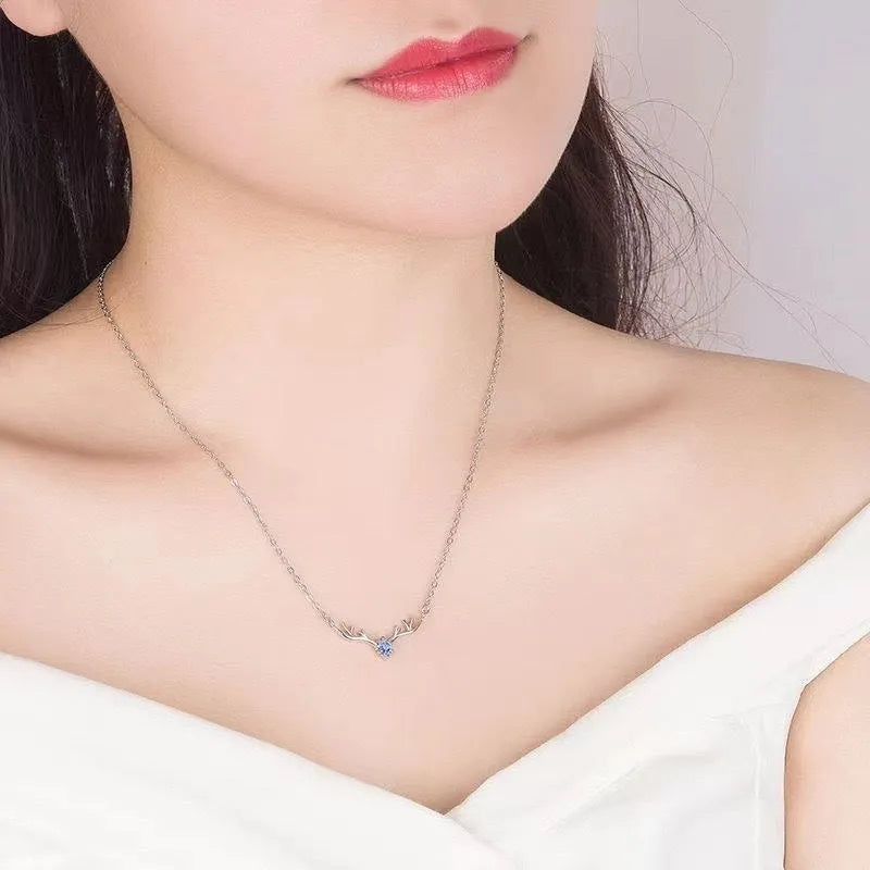 Women's Korean simple deer pendant necklace copper electroplated O-link chain adjustable 41-50cm blue stone finish