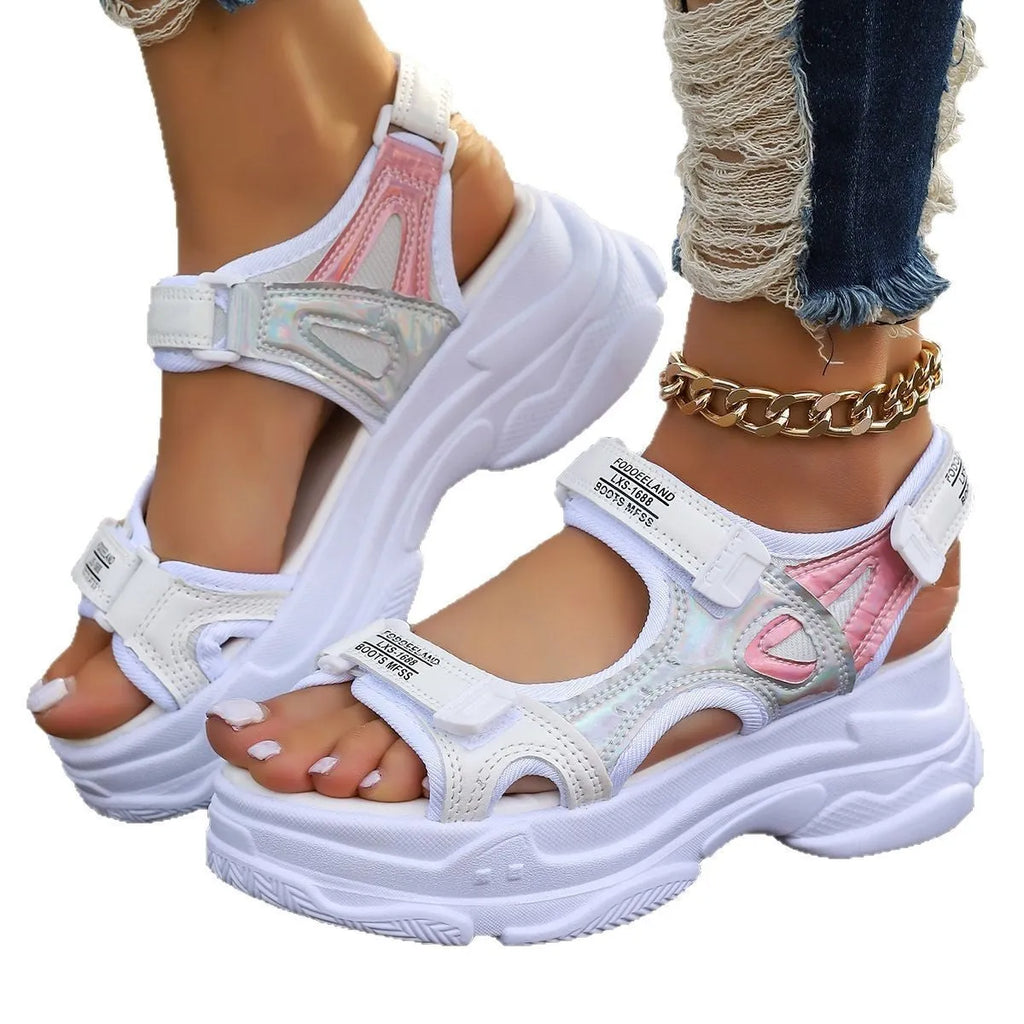 Women's black and white Roman-style platform sports sandals with PU upper and rubber sole